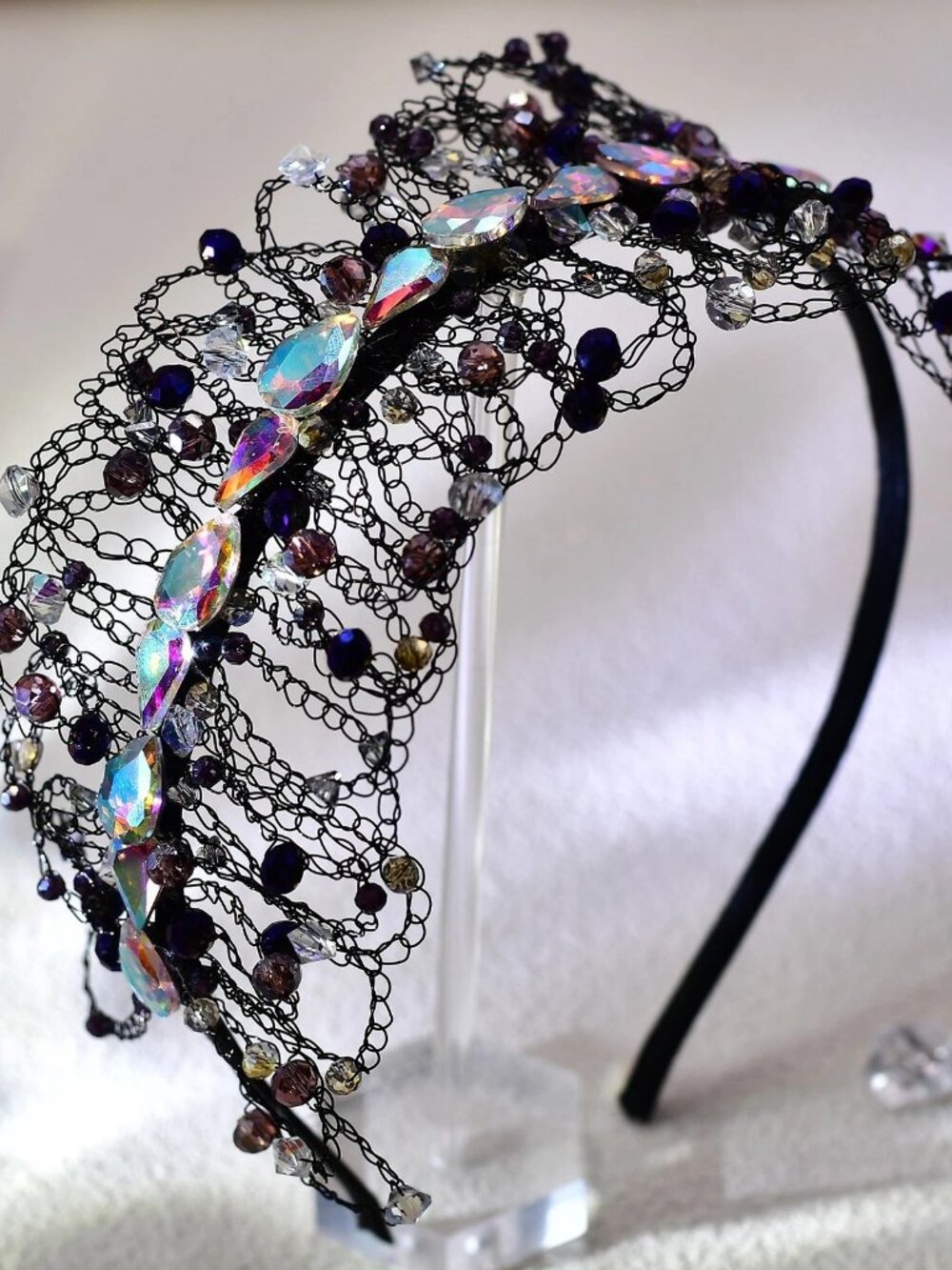 Handmade Black Lace Crystal Headband for Women, Iridescent Beaded Wide Hairband